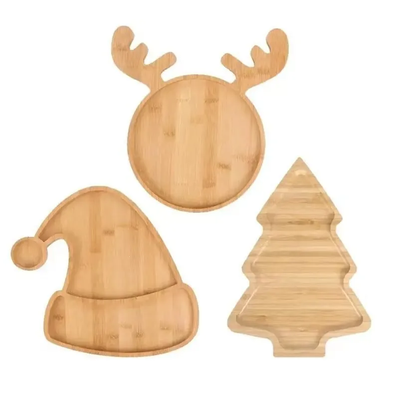 Wooden Christmas Tray Elk Santa Hat Christmas Tree Bunny Shape Cartoon Wood Serving Plate For Holiday Party Home Decor
