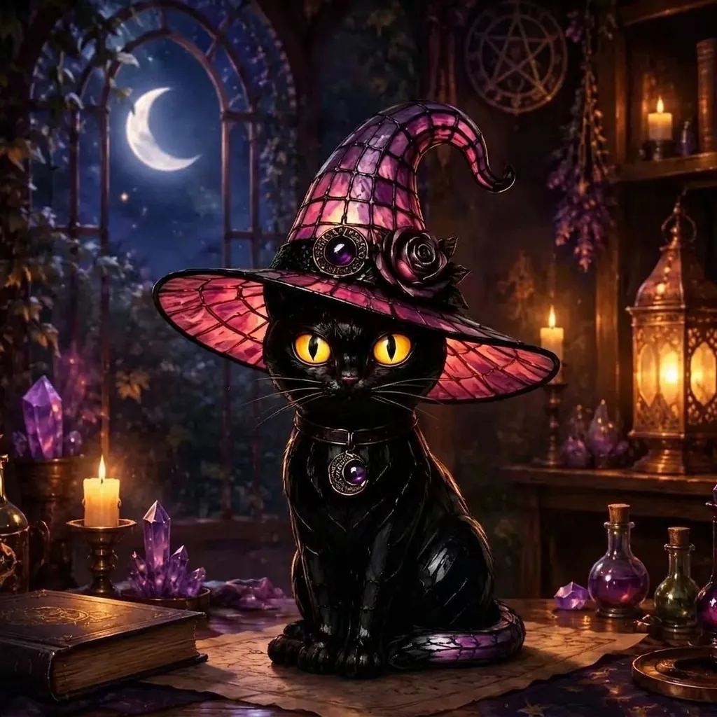 Gothic Halloween Witch Cat Resin Figurine Night Light Spooky Black Cat Purple Hat Ornament Magical Mystical Home Decor Statue