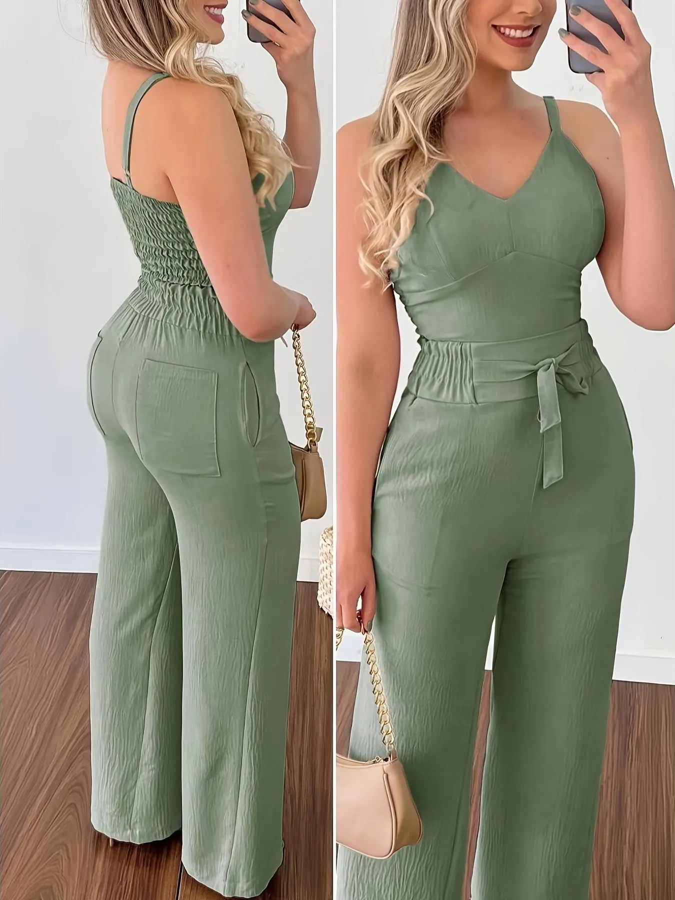 Dames Zomer Casual Top En Broek V-Hals Rugloos Camisole En Hoge Taille Rechte Broek Met Knoopsluiting Gekreukeld Pak