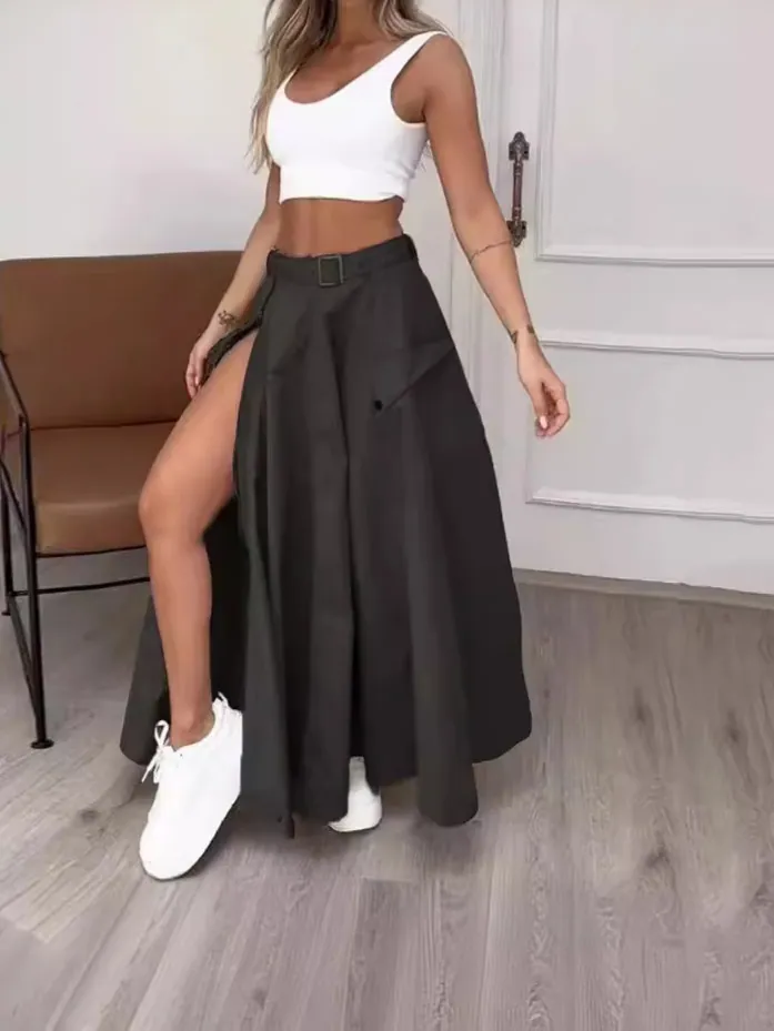 Ensemble Deux Pièces Élégant avec Gilet Sans Manches et Jupe Longue Fendue avec Ceinture Femme Polyester Décontracté Jupe