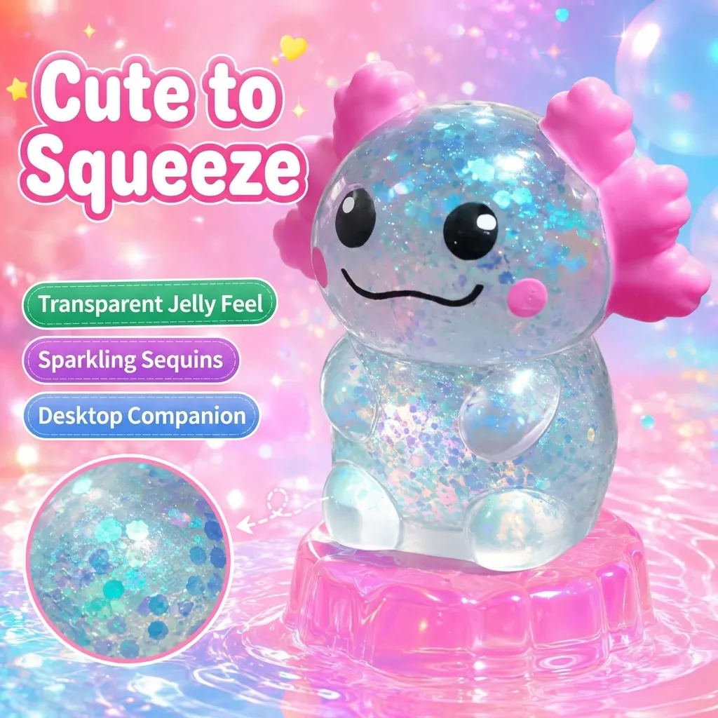 Jouet Squishy Axolotl à Remontée Lente Anti-Stress Avec Paillettes Scintillantes TPR Animal Décoration de Bureau