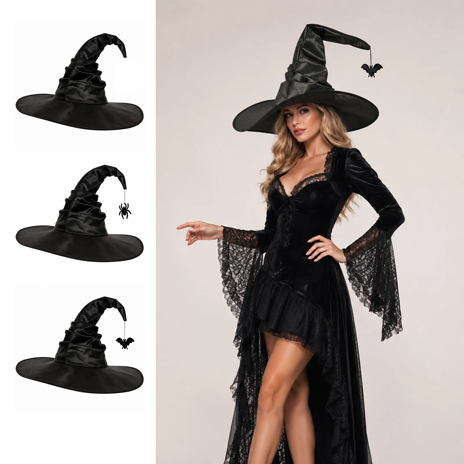 Sombrero de Fiesta de Bruja Plisado Vintage Tocado de Disfraz de Halloween Retro Satén Gótico para Mujer Cosplay Fiesta Decoración Accesorio
