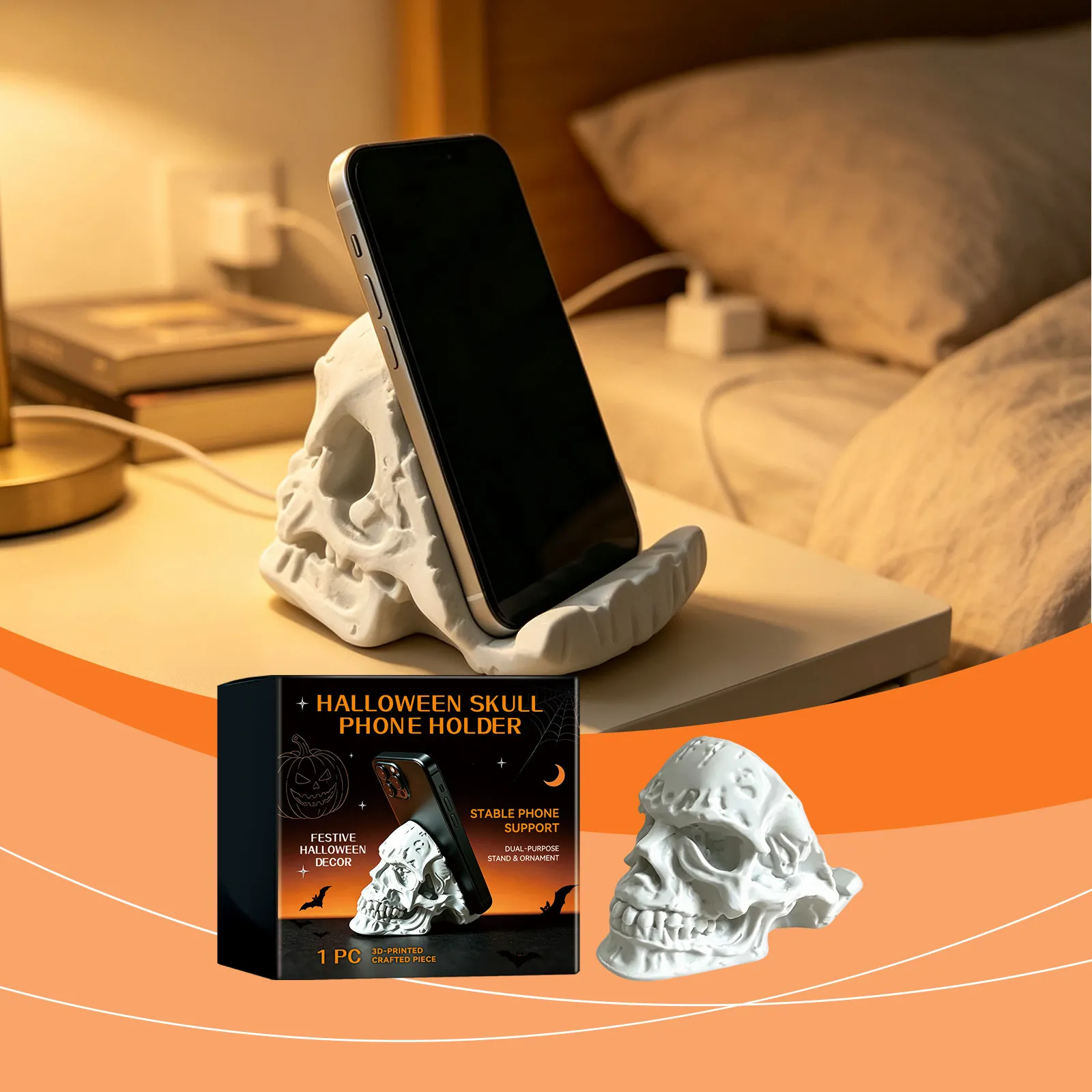 Creativo Porta Cellulare a Teschio di Halloween Supporto in Resina Stampato in 3D Ornamento Scheletro da Scrivania Regalo del Festival