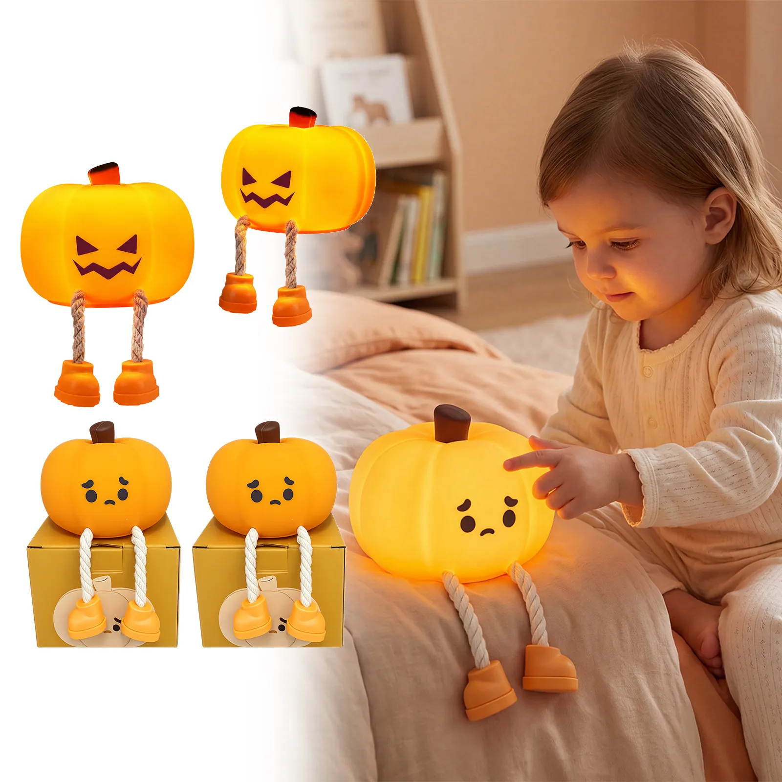 Halloween Pumpkin Night Light Silicone LED Lamp Cute Evil Sad Pumpkin Decor With Long Legs USB Rechargeable Desk Lamp For Kids Bedroom Party Decoration
