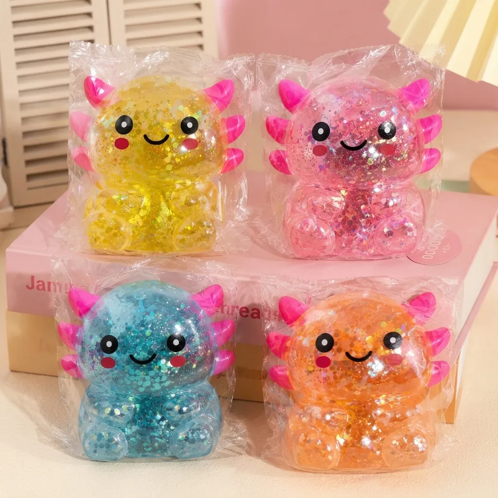 Mignon Axolotl Squishy Jouet Anti-stress Balle à Presser en TPR Souple Avec Paillettes pour Enfants Adultes Décoration de Bureau