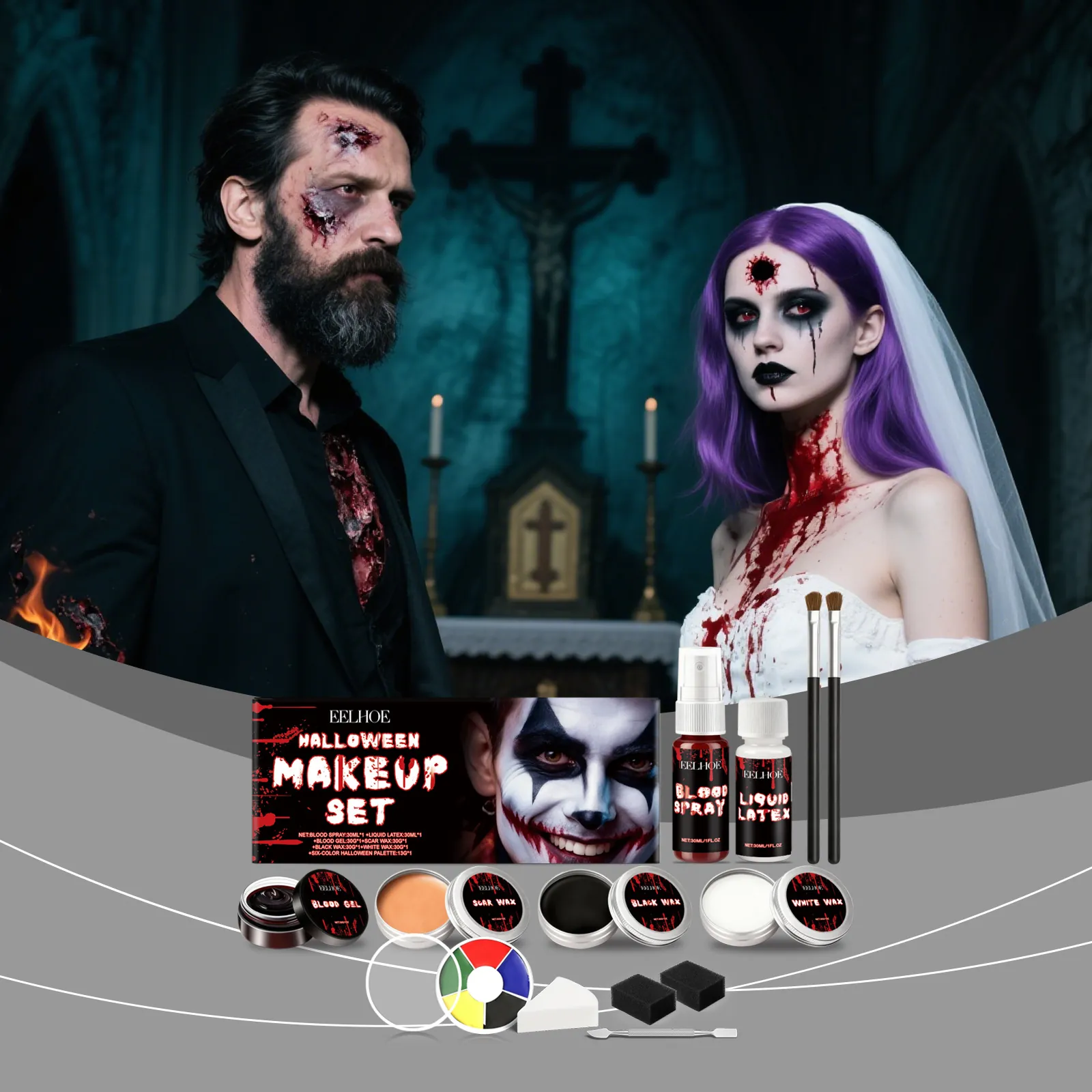 Kit Pintura Facial Corporal Efectos Especiales Halloween Spray Sangre Falsa Látex Líquido Cera Cicatrices Maquillaje