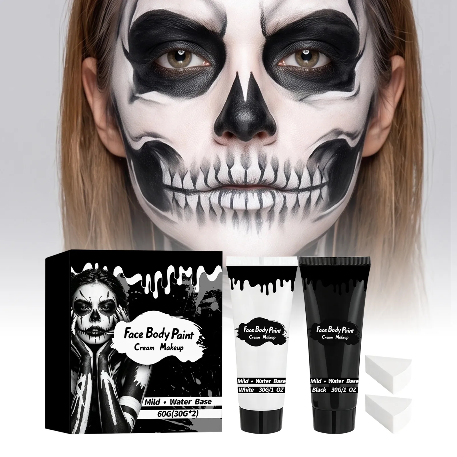 Kit de Pintura Facial y Corporal para Halloween Negro Blanco Maquillaje en Crema Base de Agua Fórmula Suave con Esponjas