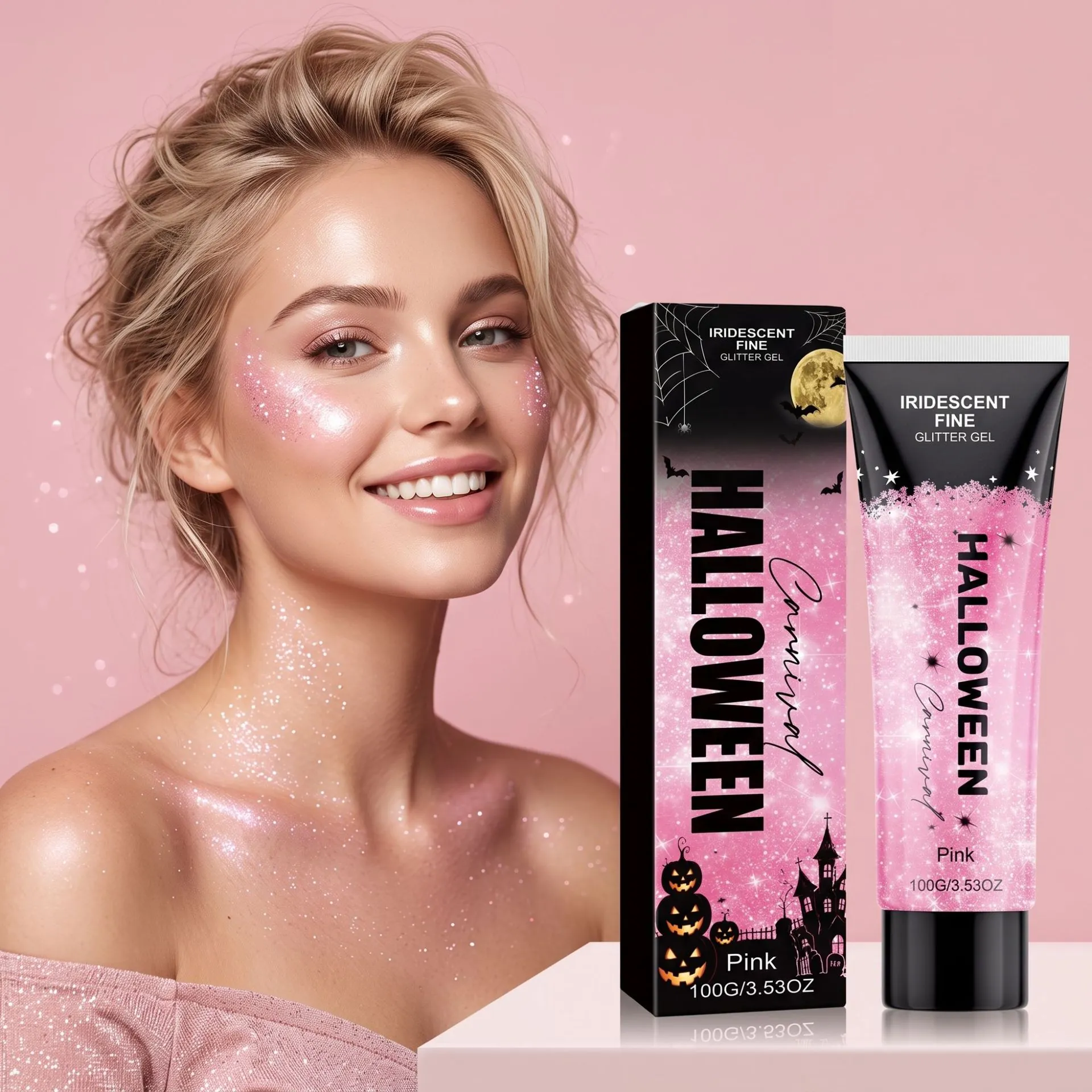 Gel Pailleté Rose Halloween pour Maquillage Corps Cheveux Visage Gel Scintillant Irisé pour Carnaval Fête Rave Décoration Festive