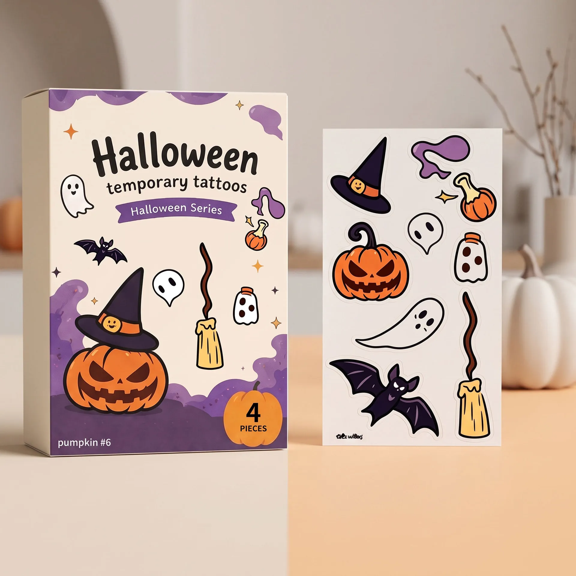 Halloween Temporary Tattoo Stickers Pumpkin Ghost Bat Face Art For Party Waterproof Skin Friendly Makeup Decals 4 Pieces Set