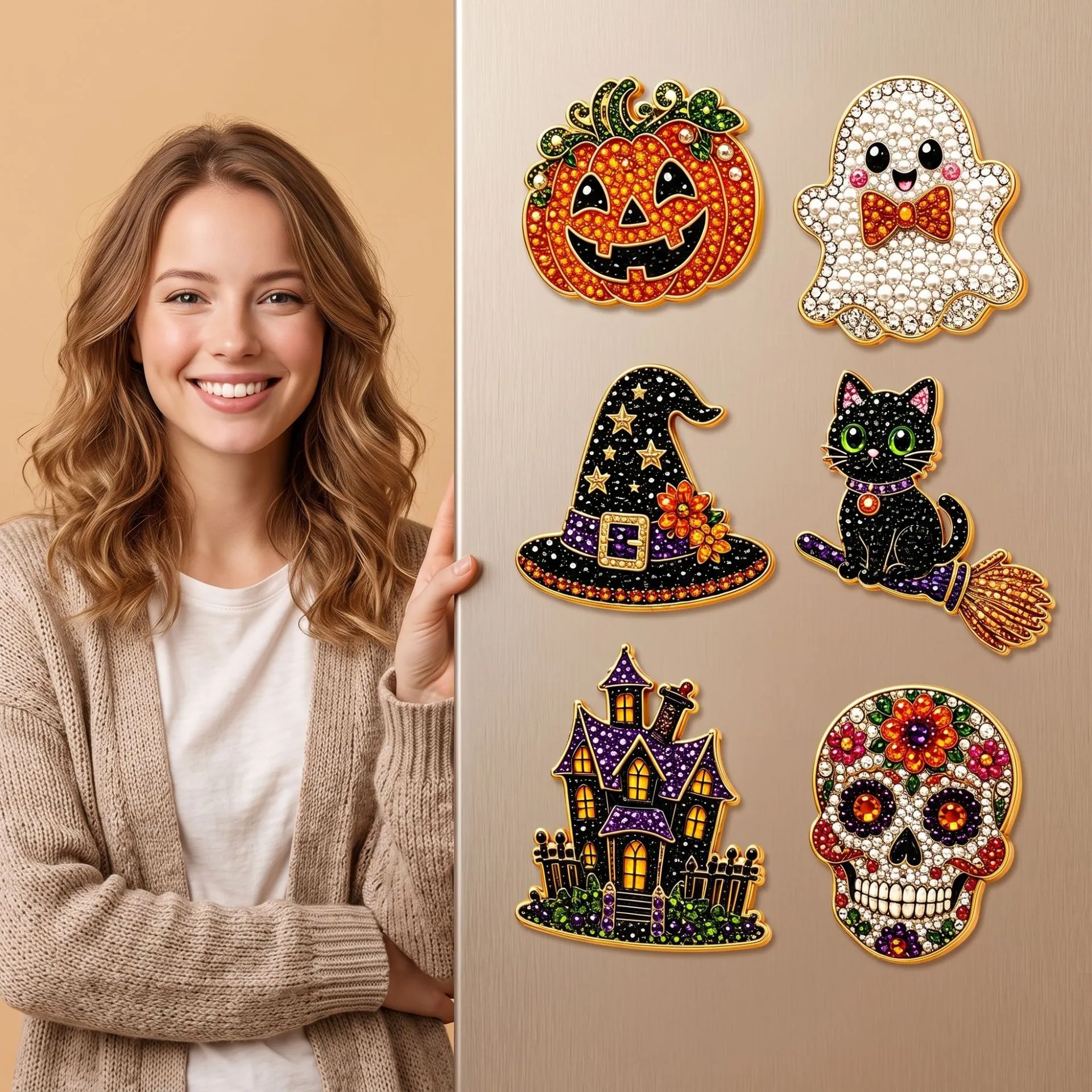 DIY Halloween Acryl Strass Kühlschrankmagnete Kürbis Geist Schädel Hexenhut Schloss Heimdekoration Magnete