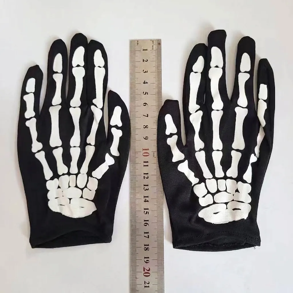 Halloween Children Skeleton Gloves Black White Bone Pattern Knit Embroidery Gloves For Costume Party Horror Accessory