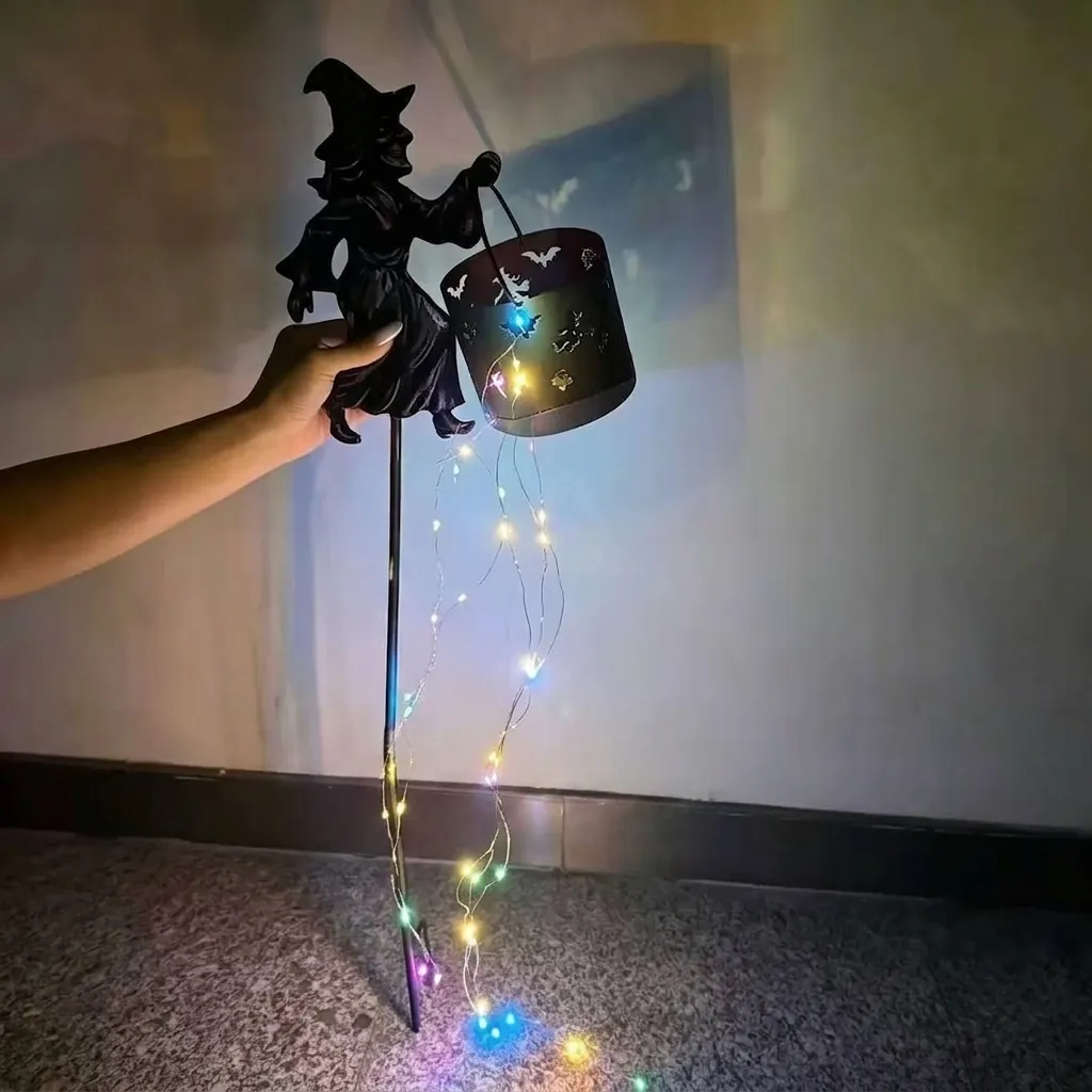 Φωτιστικό Κήπου Μάγισσα Halloween Σιδερένιο Κοίλο Καζάνι LED Φώτα Καταρράκτη Διακόσμηση Εξωτερικής Αυλής