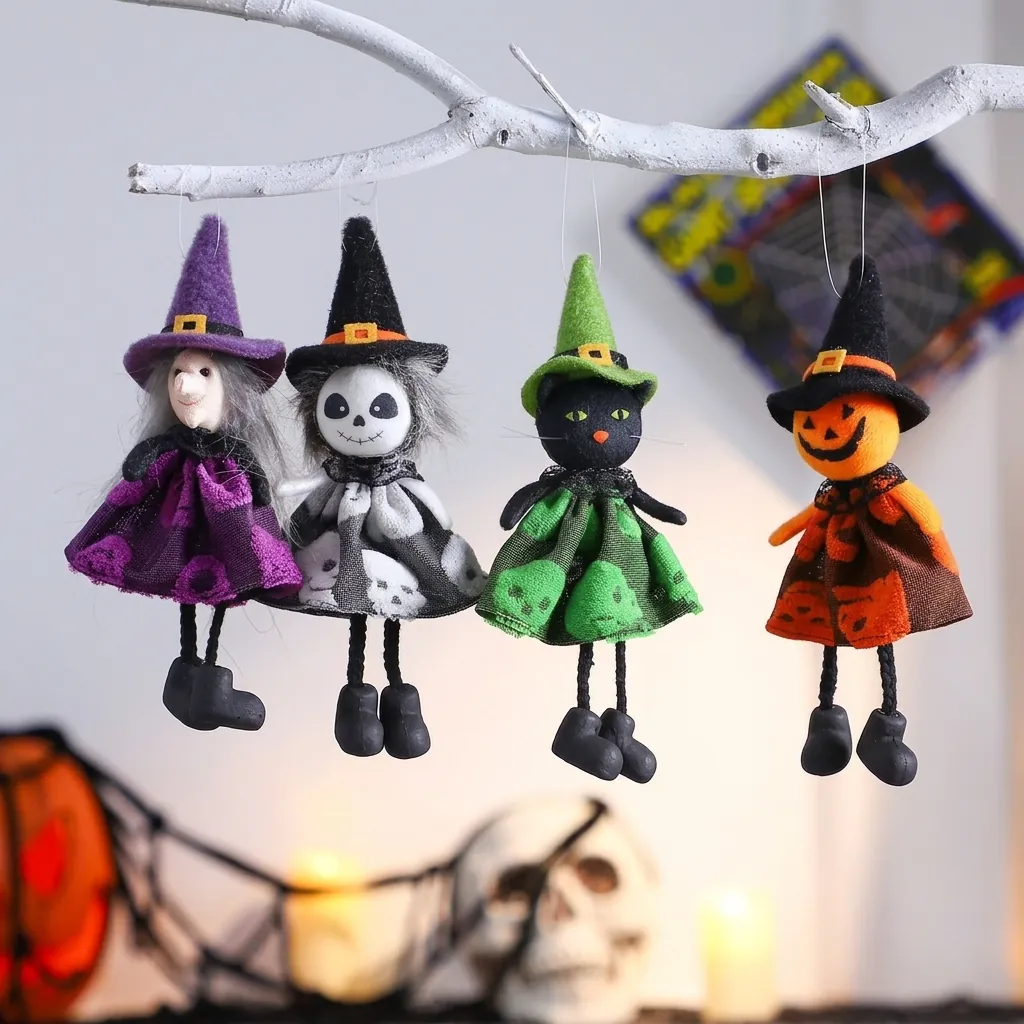 Halloween Hanging Pumpkin Ghost Witch Black Cat Doll Ornaments Fabric Long Legs Witch Hat Party Home Decoration Pendant