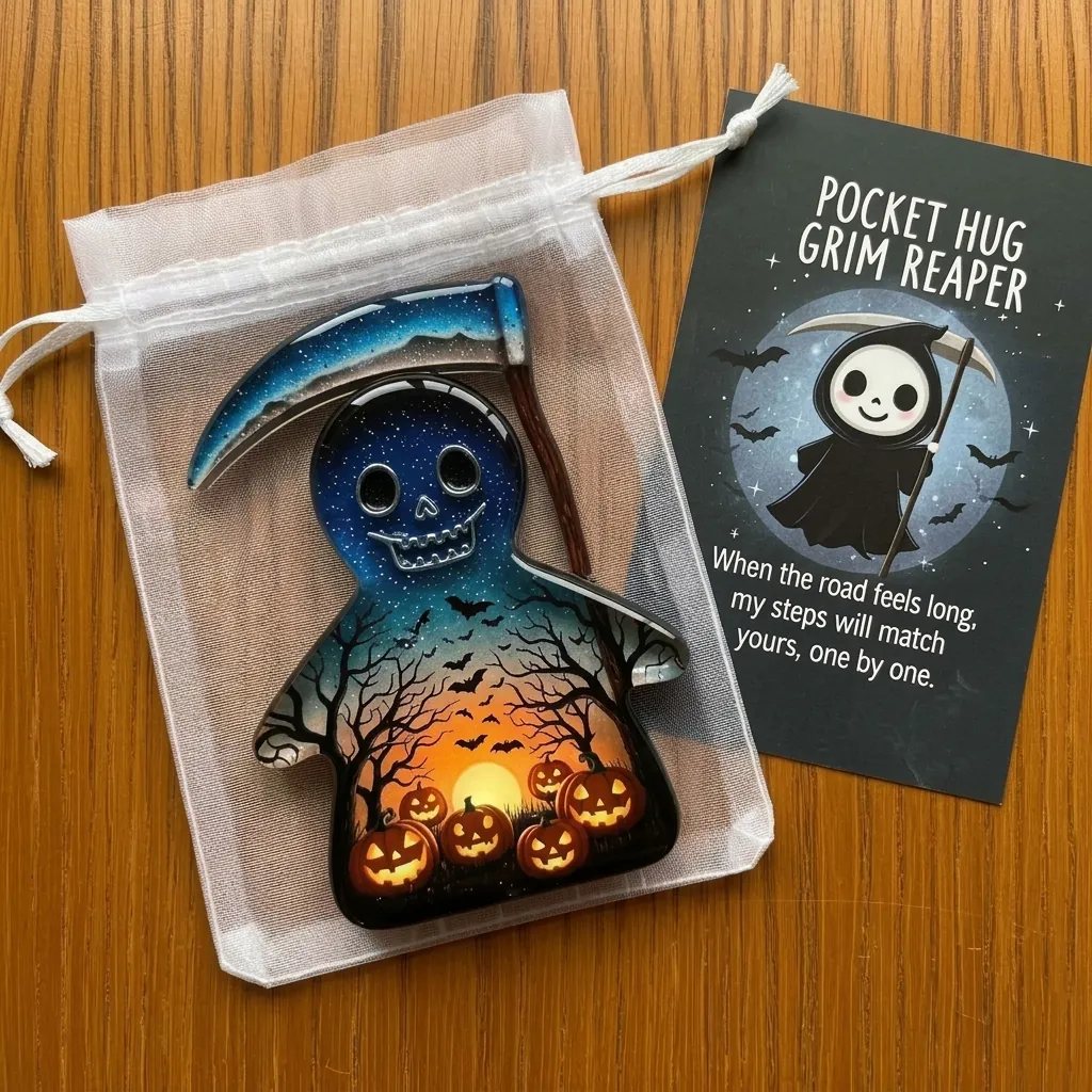 Halloween Pocket Hug Ghost Resin Grim Reaper Bat Crow Ornament With Greeting Card Organza Bag For Party Gift Decoration