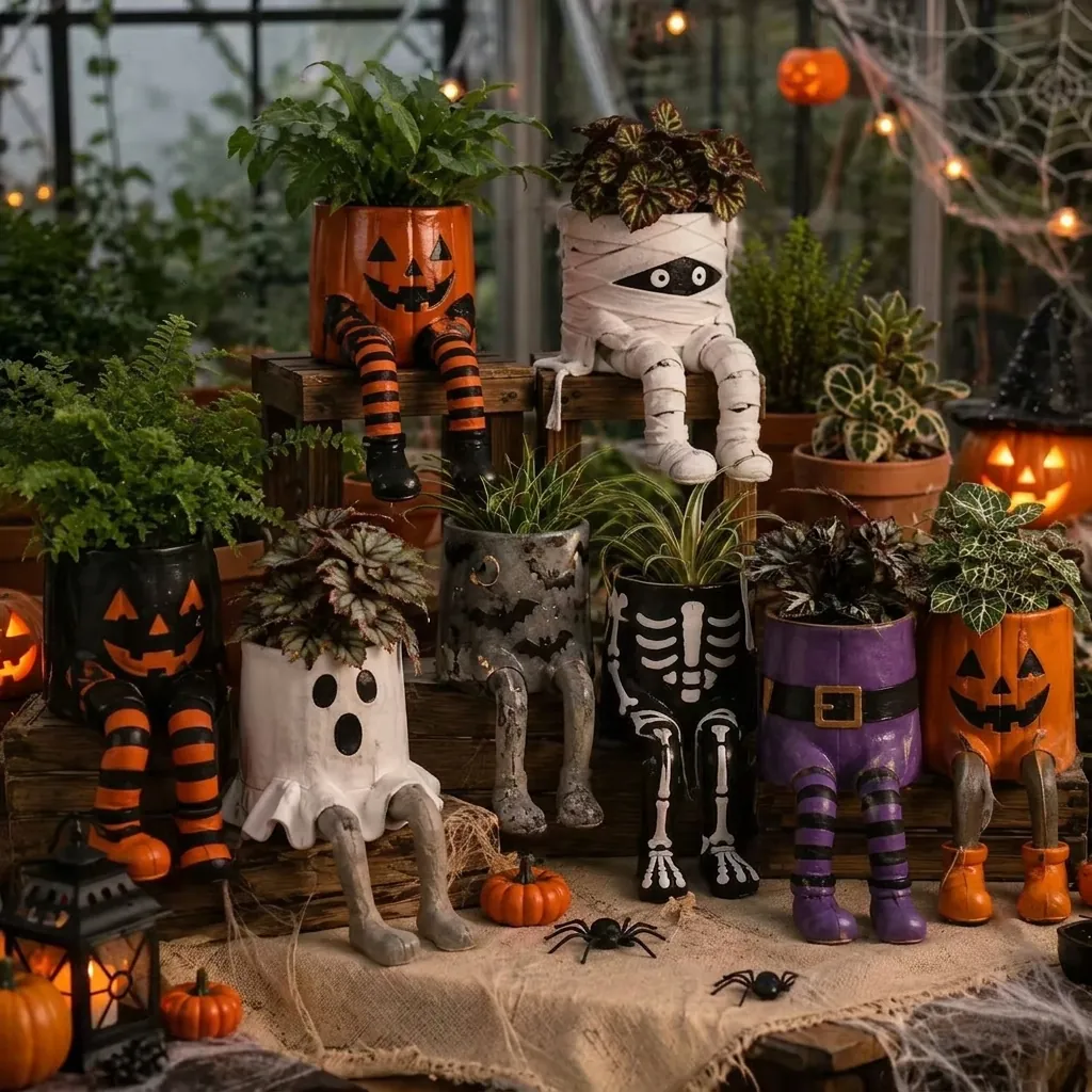 Halloween Jardinière à Jambes Suspendues Ornement en Résine Fantaisie Citrouille Momie Fantôme Squelette Figurine Décor