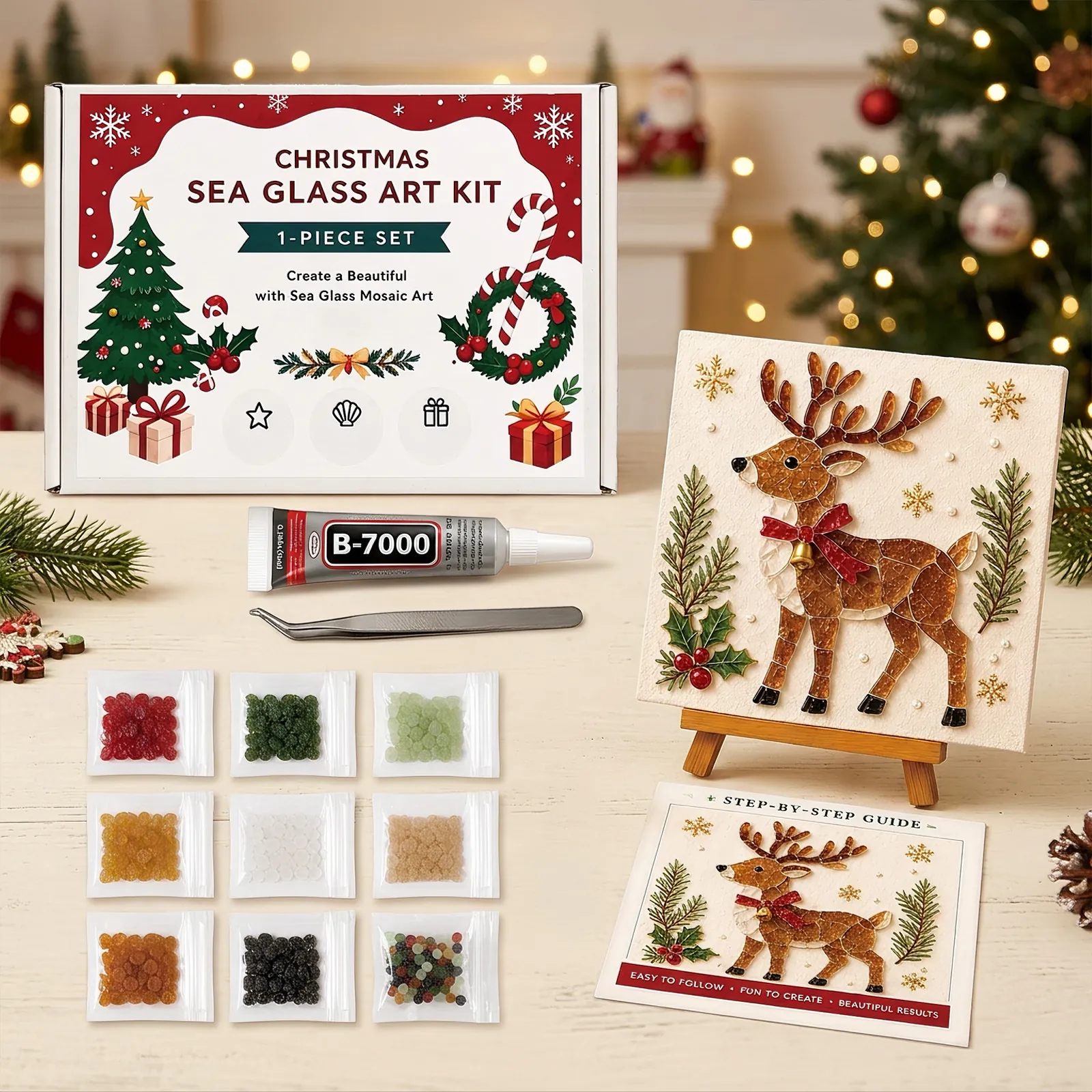 Christmas Sea Glass Art Kit 3D DIY Sea Glass Mosaic Reindeer Santa Christmas Tree Art Craft Set With Frame For Decoration