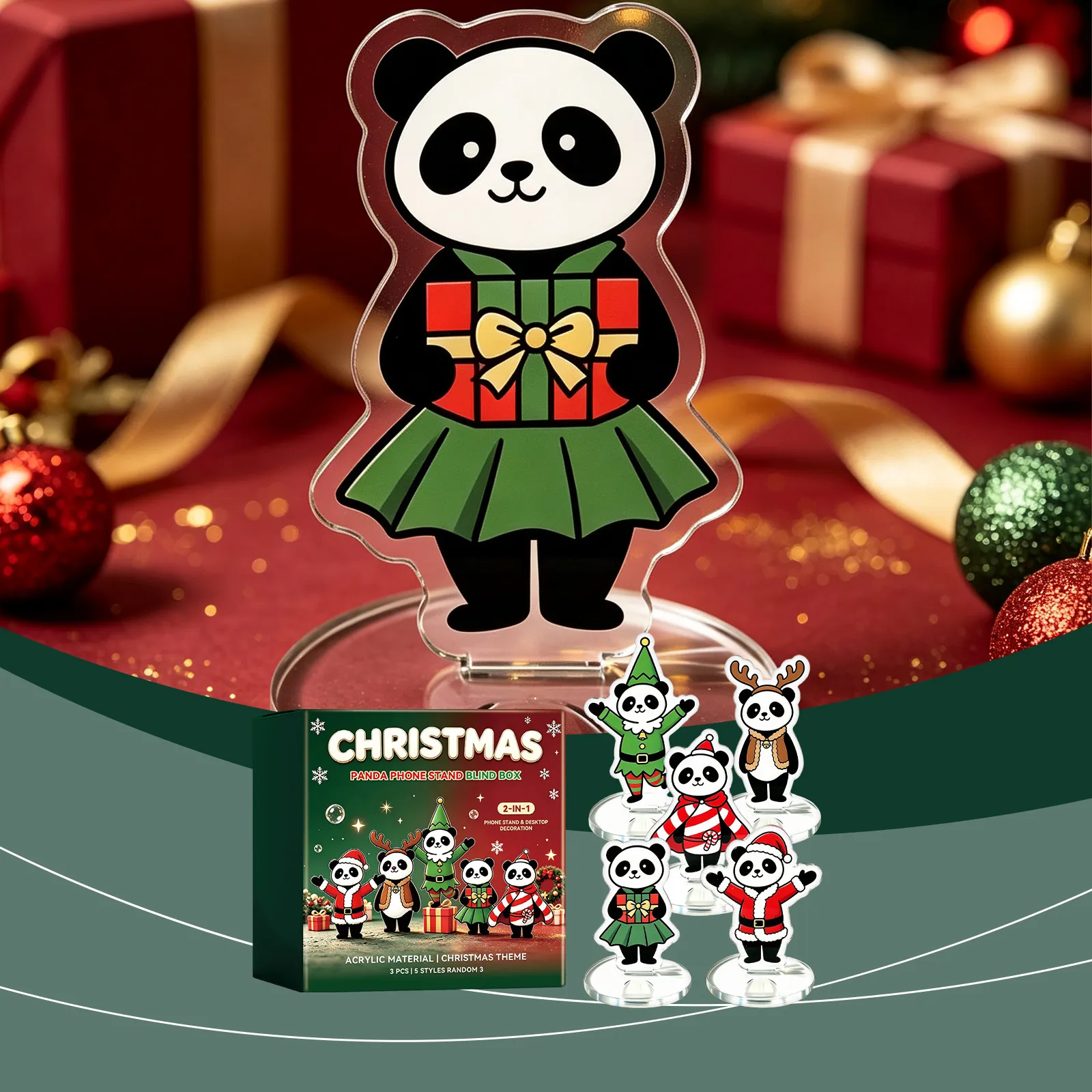 Supporto per Telefono Panda di Natale Blind Box Supporto da Scrivania in Acrilico Decorazione Panda Figura Ornamento Casa Ufficio