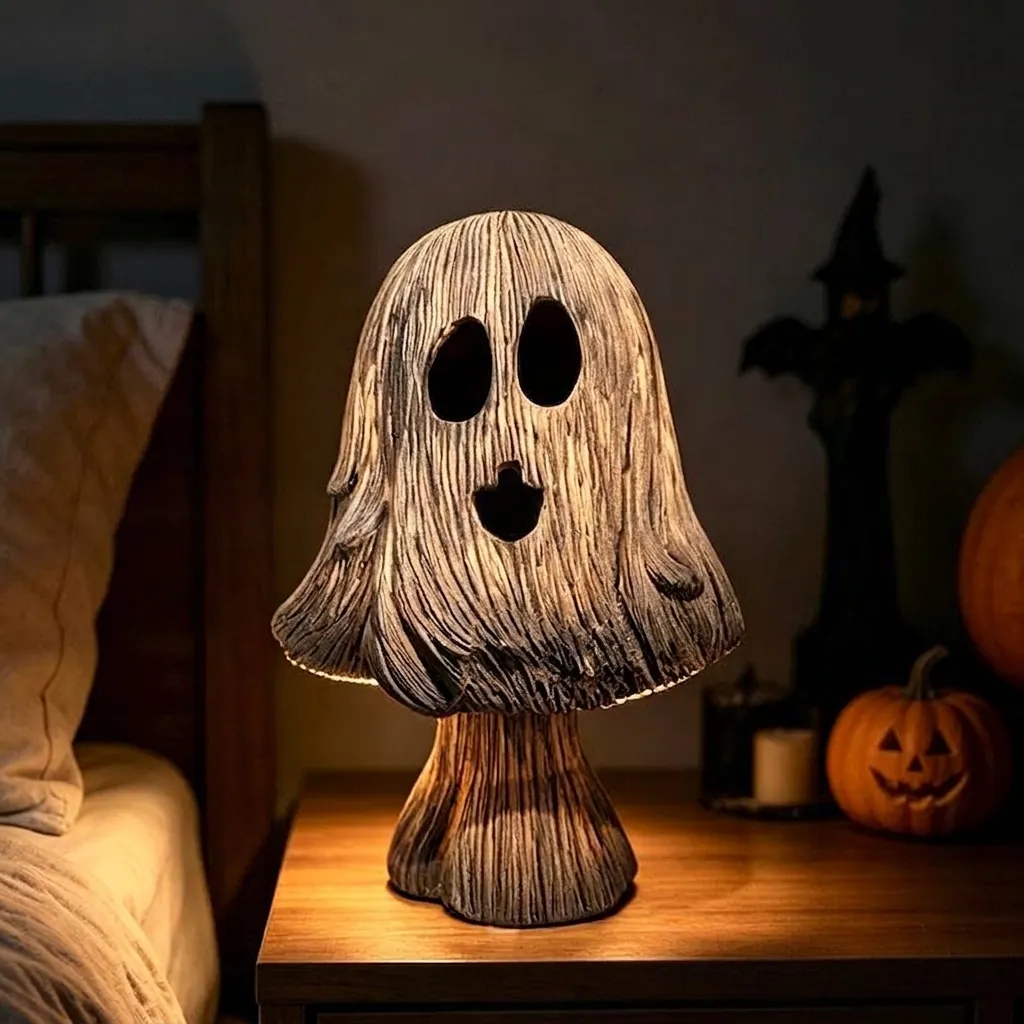 Lampada Fantasma in Resina di Halloween Decorazione da Scrivania Creativa Statuetta di Fungo Fantasma Luminosa Per Festa Casa Ufficio