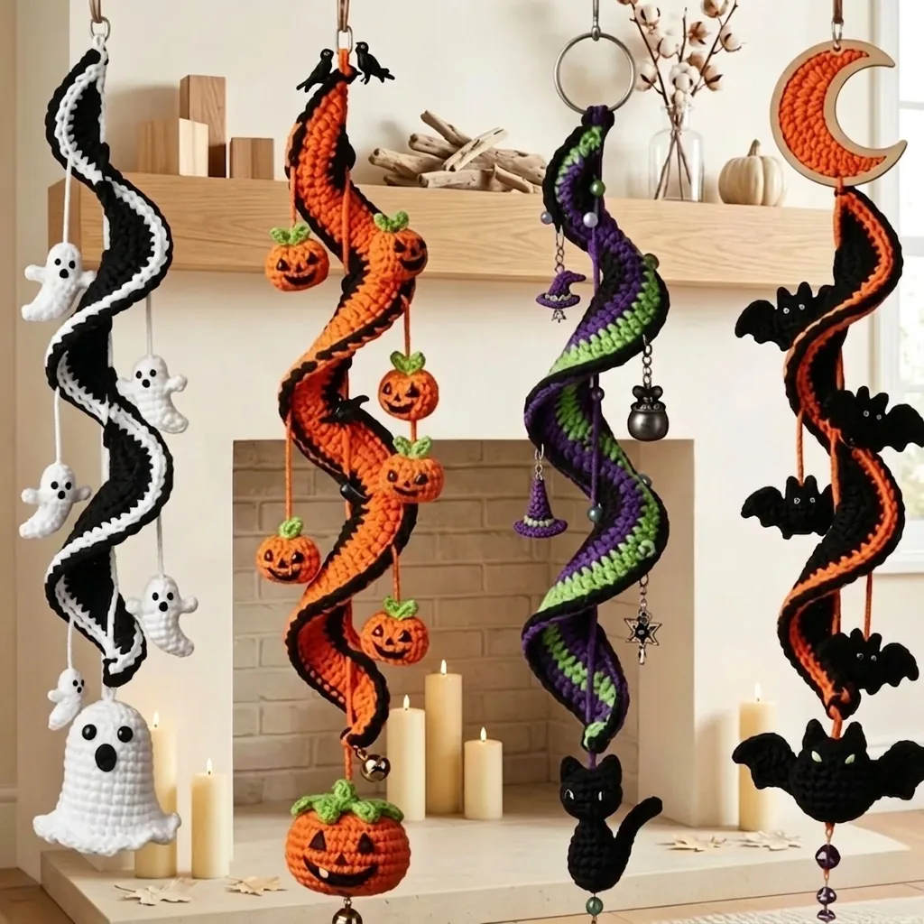 Handmade Halloween Crochet Spiral DIY Kit Ghost Pumpkin Bat Black Cat Hanging Decorations For Party Festive Home Decor Gift