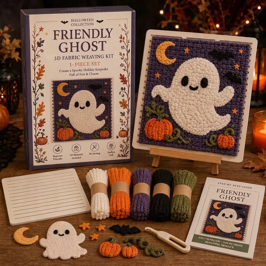 Halloween DIY Punch Needle Kit No-Sewing 3D Fabric Weaving Material Pack Pumpkin Ghost Skull Witch Vampire Mummy Decor Gift