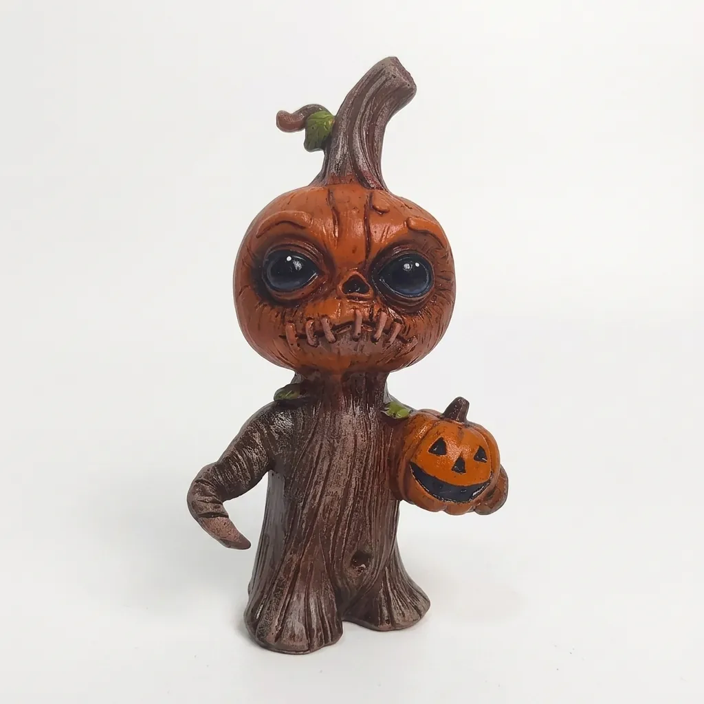 Halloween Zucca Elfo Statua in Resina Stravagante Creatura Corteccia d'Albero Figurina per Giardino Patio Interno Desktop Ornamento