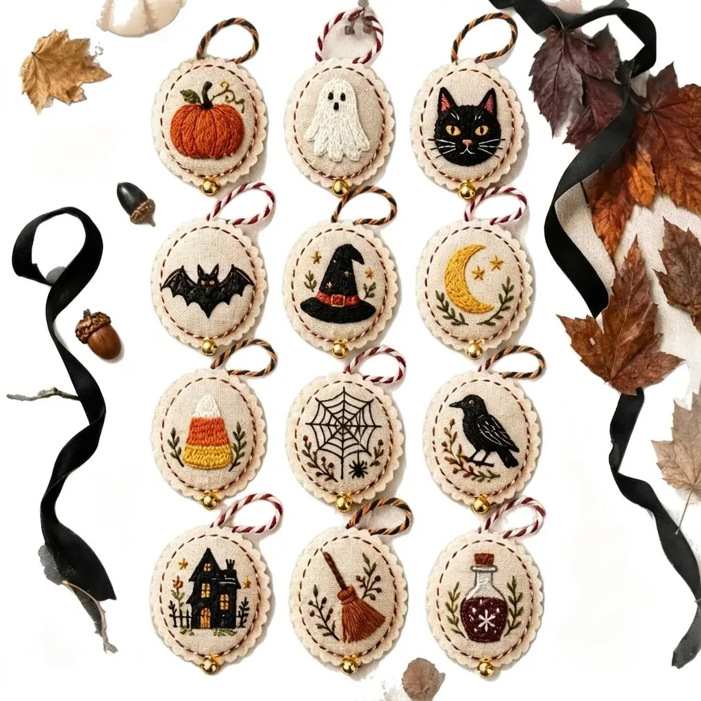 Halloween Embroidered Ornament DIY Kit 12 Pieces Set Handmade Pumpkin Ghost Bat Witch Hat Embroidery Craft For Home Decor