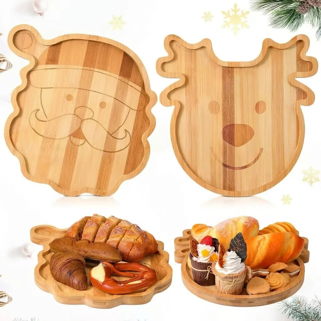 Christmas Santa Reindeer Shaped Wooden Serving Tray For Party Snack Candy Dessert Fruit Platter Decorative Wood Plate Home Decor