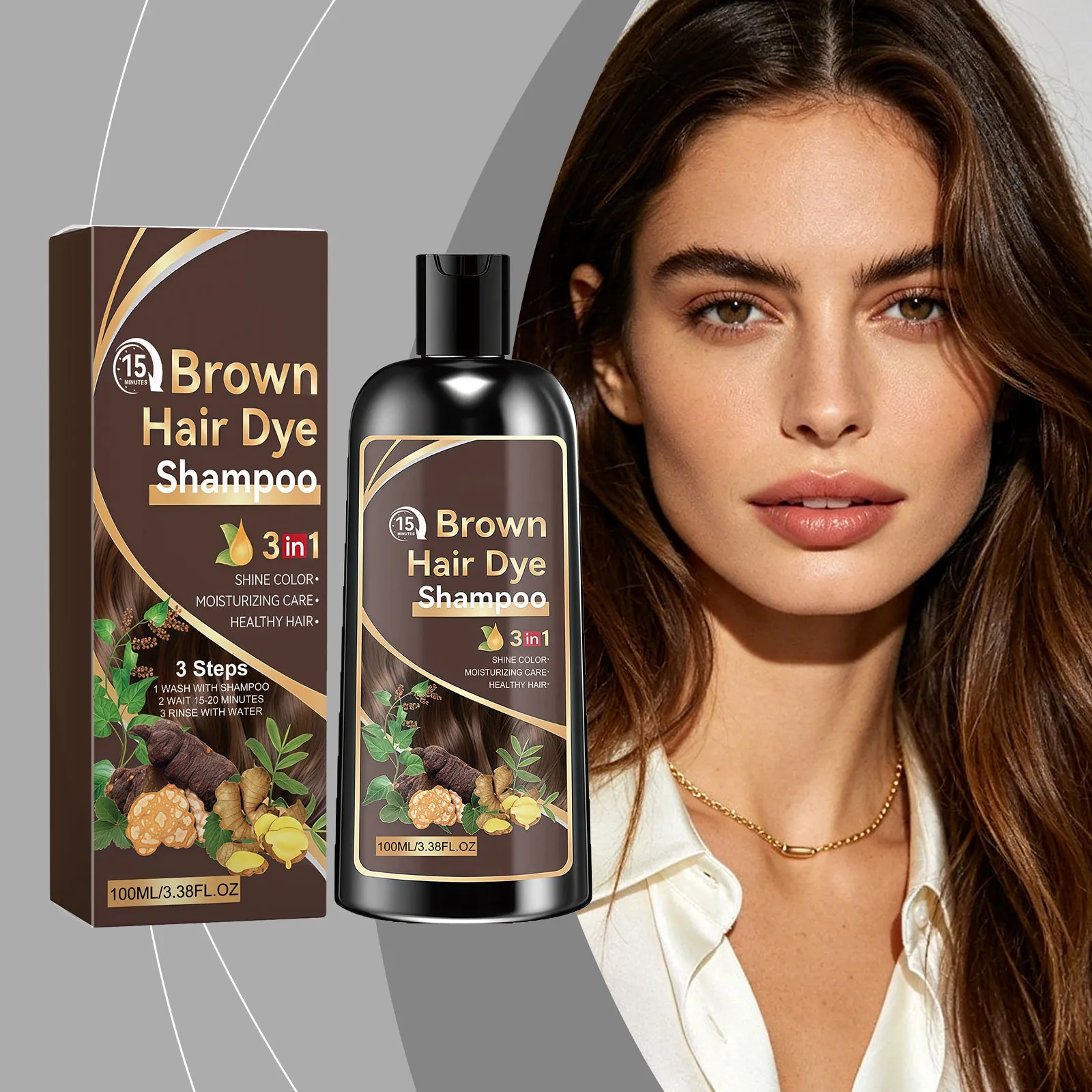 100ml Bruin Kruiden Haarkleur Shampoo 3-in-1 Hydraterende Haarkleur Shampoo Met Plantenextract Gember En Polygonum