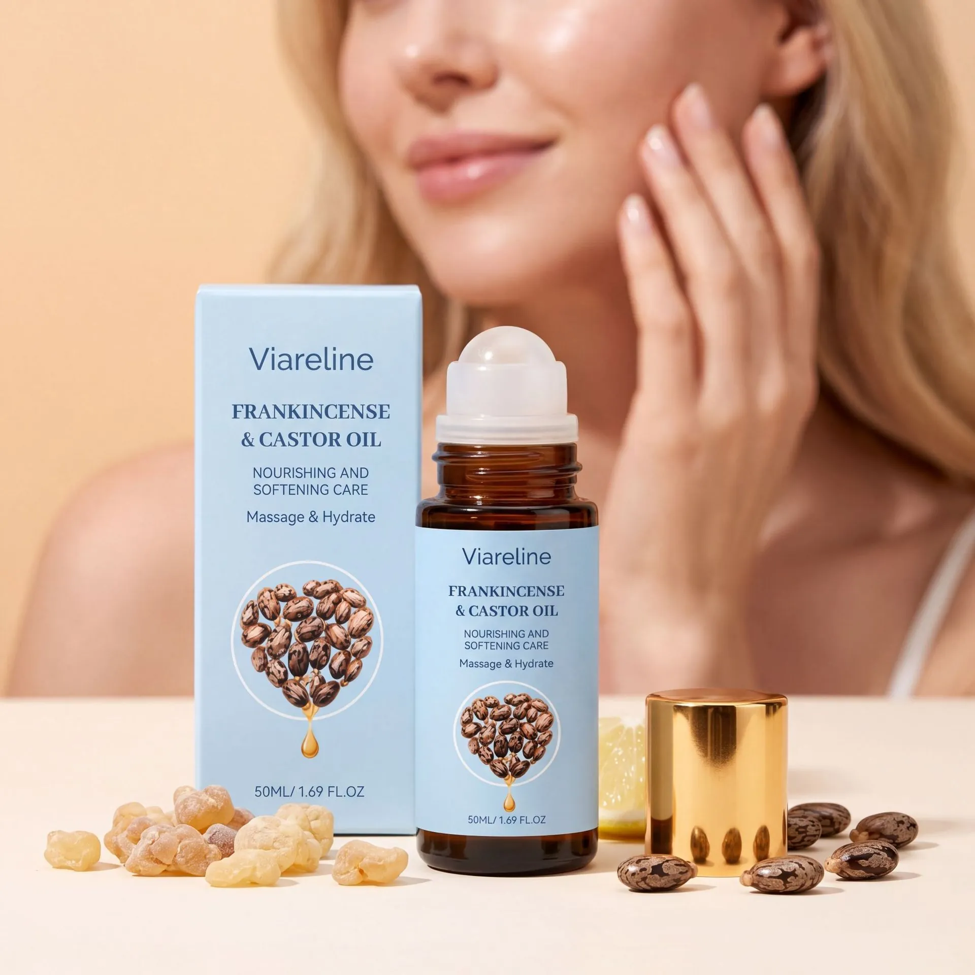 VIARELINE Aceite Esencial Roll-on de Incienso y Ricino Aceite de Masaje Corporal Nutritivo Suavizante para Hidratación Diaria