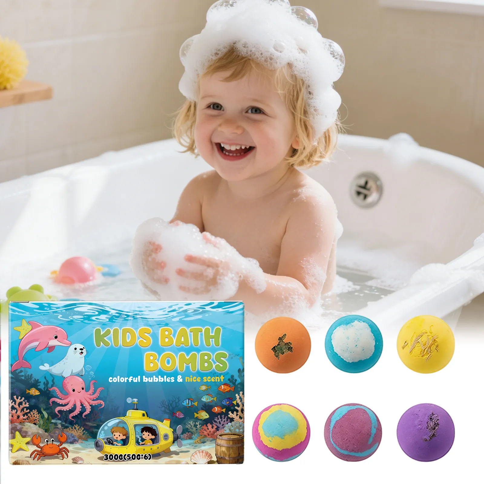 Bombas de Baño para Niños Tema Oceánico Colorido Burbujas Efervescentes Cuidado de la Piel Hidratante Orgánico Regalo Spa Relajante Niños