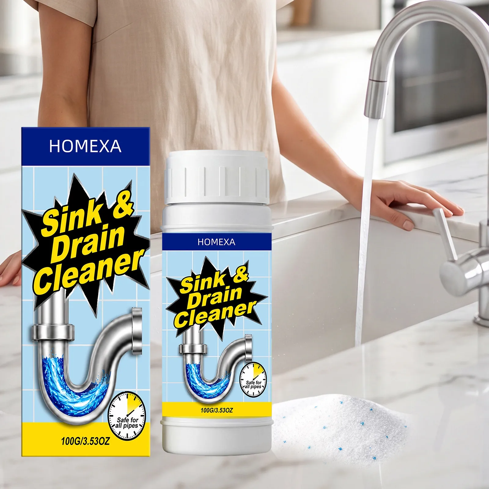 HOMEXA Efficient Sink And Drain Cleaner Powder Pipeline Dredge Agent Safe For All Pipes Clog Remover For Kitchen Bathroom