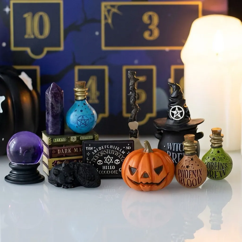 Shadows Twelve Day Halloween Advent Calendar With Miniature Resin Witch Cauldron Pumpkin Cat Figurines Festive Decoration