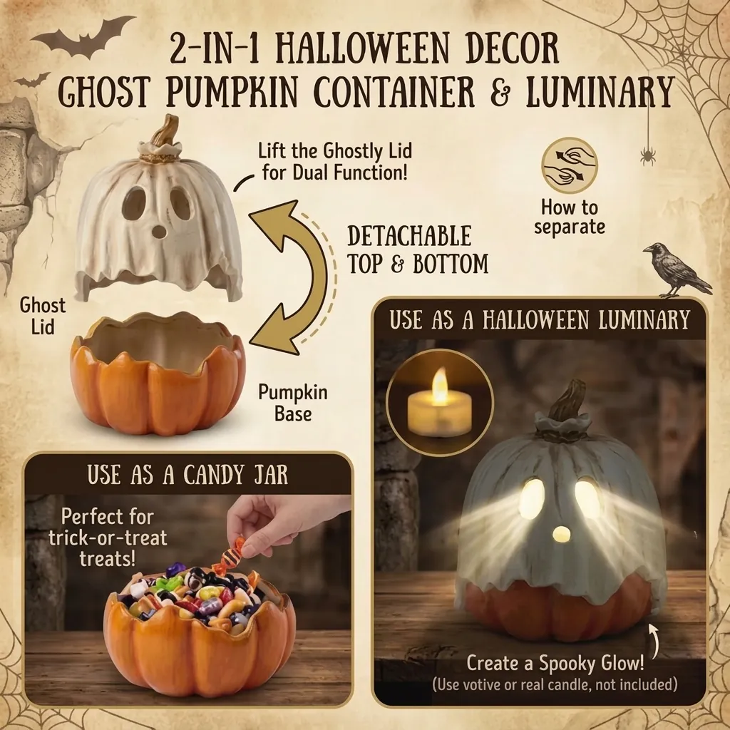 Halloween Ghost Pumpkin Candy Jar Witch Cauldron Lamp 2-in-1 Removable Resin Ornament Horror Theme Home Party Desktop Decor