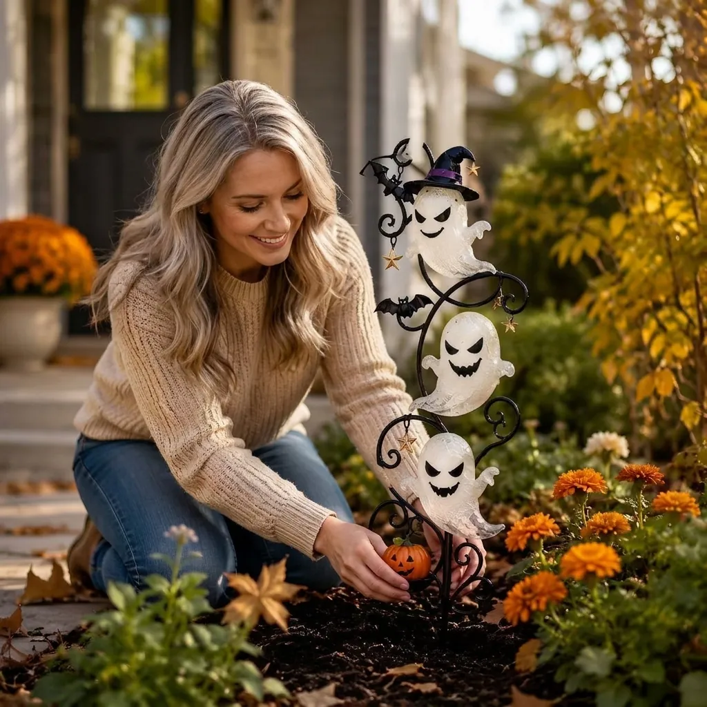 Solar Halloween Ghost Garden Stake Light Metal Outdoor Path Lamp With LED Ghosts Pumpkin Bat Star Waterproof Yard Decoration