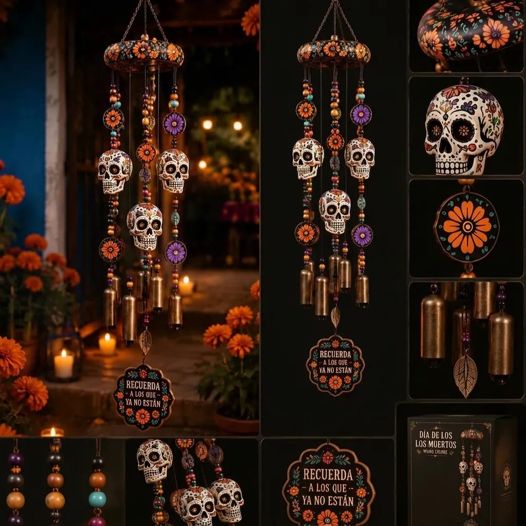 Halloween Retro Metall Schädel Windspiel Mexikanischen Tag Der Toten Bemaltes Skelett Glocke Garten Hängende Dekoration