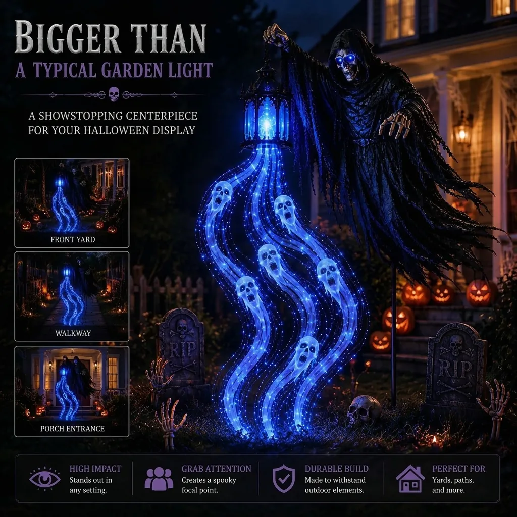 Halloween Soul Harvester Garden Decor Light LED Death Reaper With Lantern Outdoor Spooky Skeleton Yard Decoration Lighting