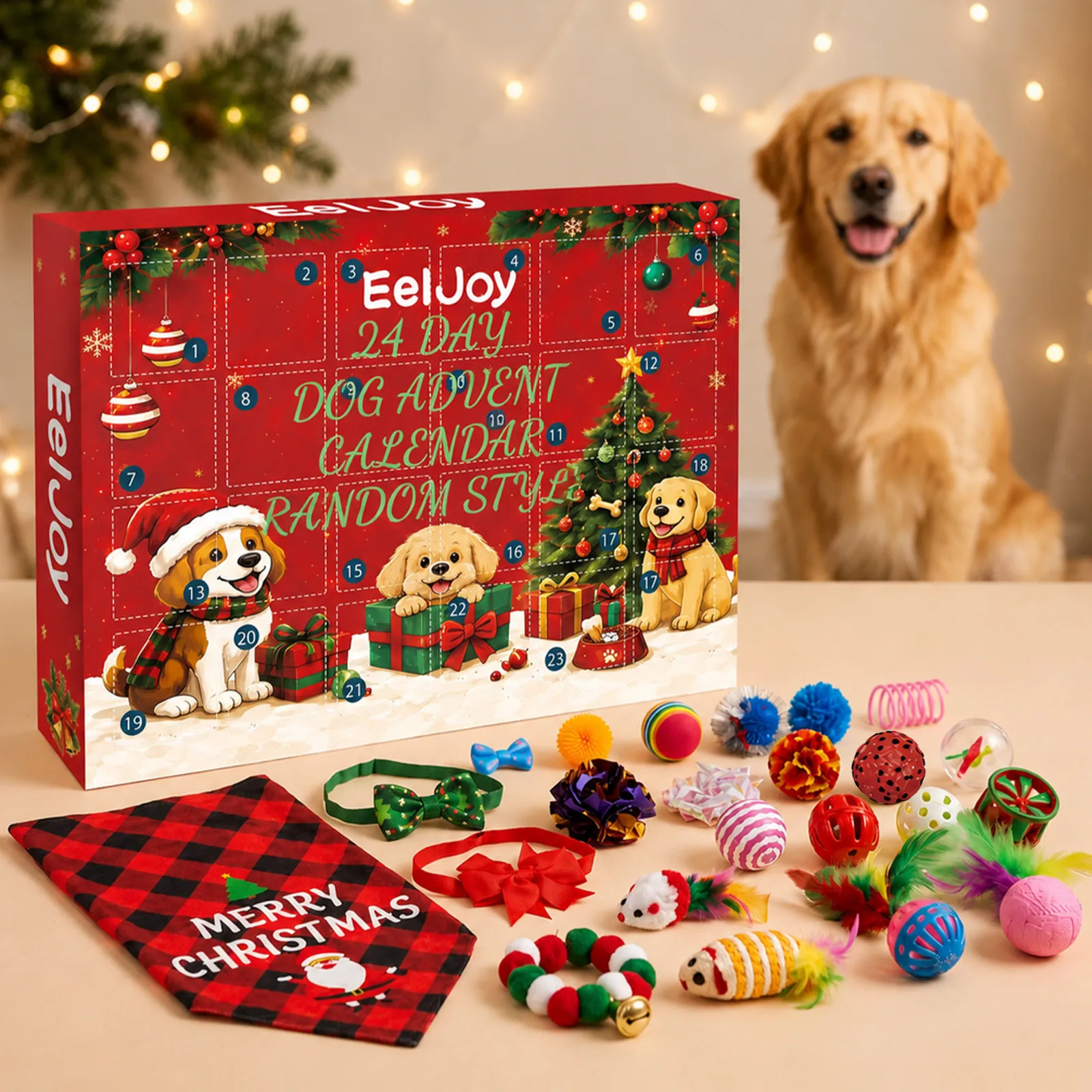 Calendario dell'Avvento di Natale per Cani EelJoy 24 Giorni Conto alla Rovescia Scatola a Sorpresa Set Regalo Giocattoli per Animali con Bandana e Papillon