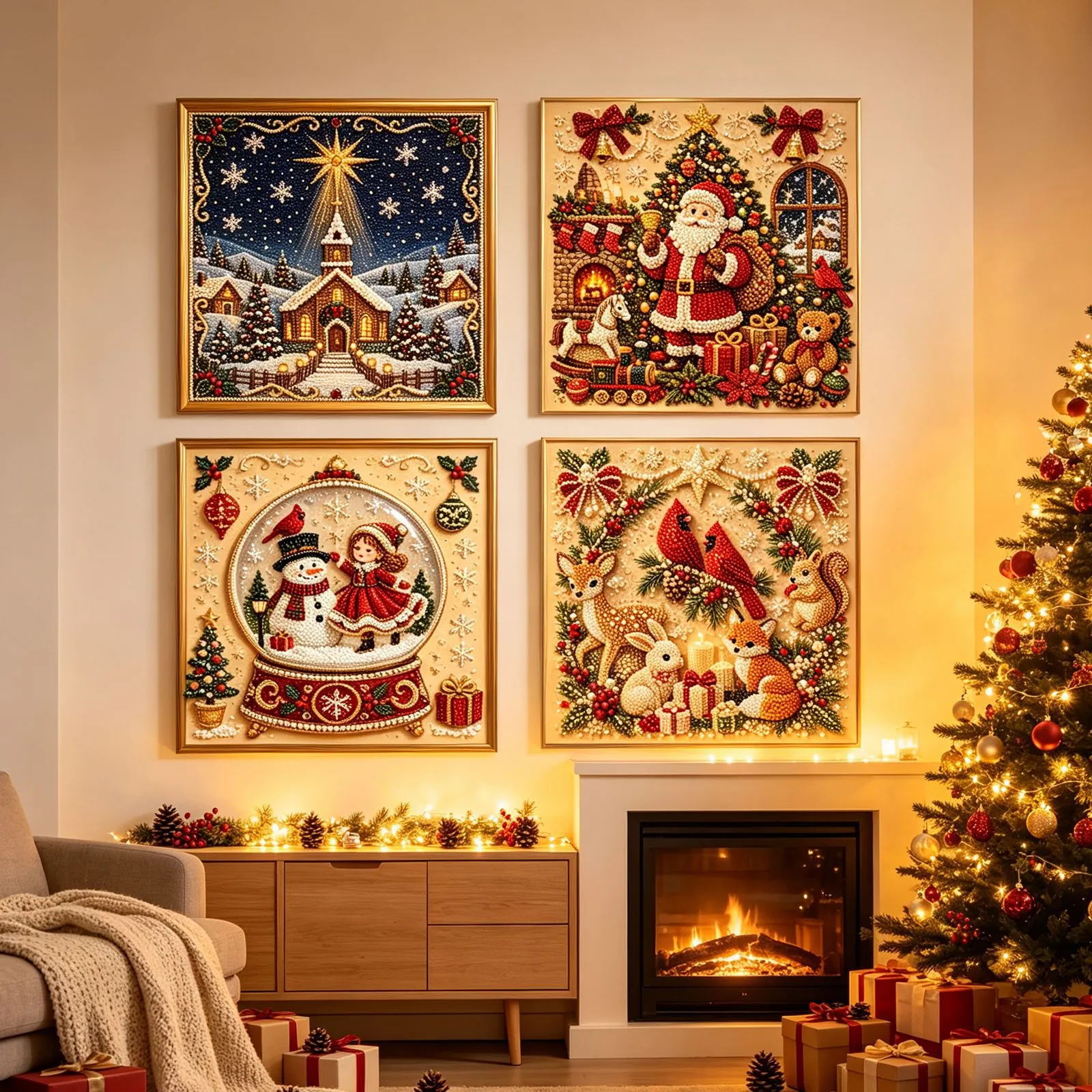 DIY Christmas Pearl Painting Art Set Wood Frame Acrylic Beads Santa Snowman Church Forest Animal Festive Home Wall Decor