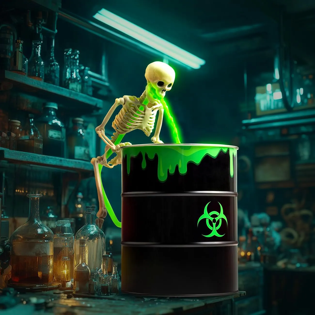 Halloween Barfing Skeleton Decoration With Black Light And Biohazard Bucket Fluorescent Green Glow Spooky Party Indoor Prop
