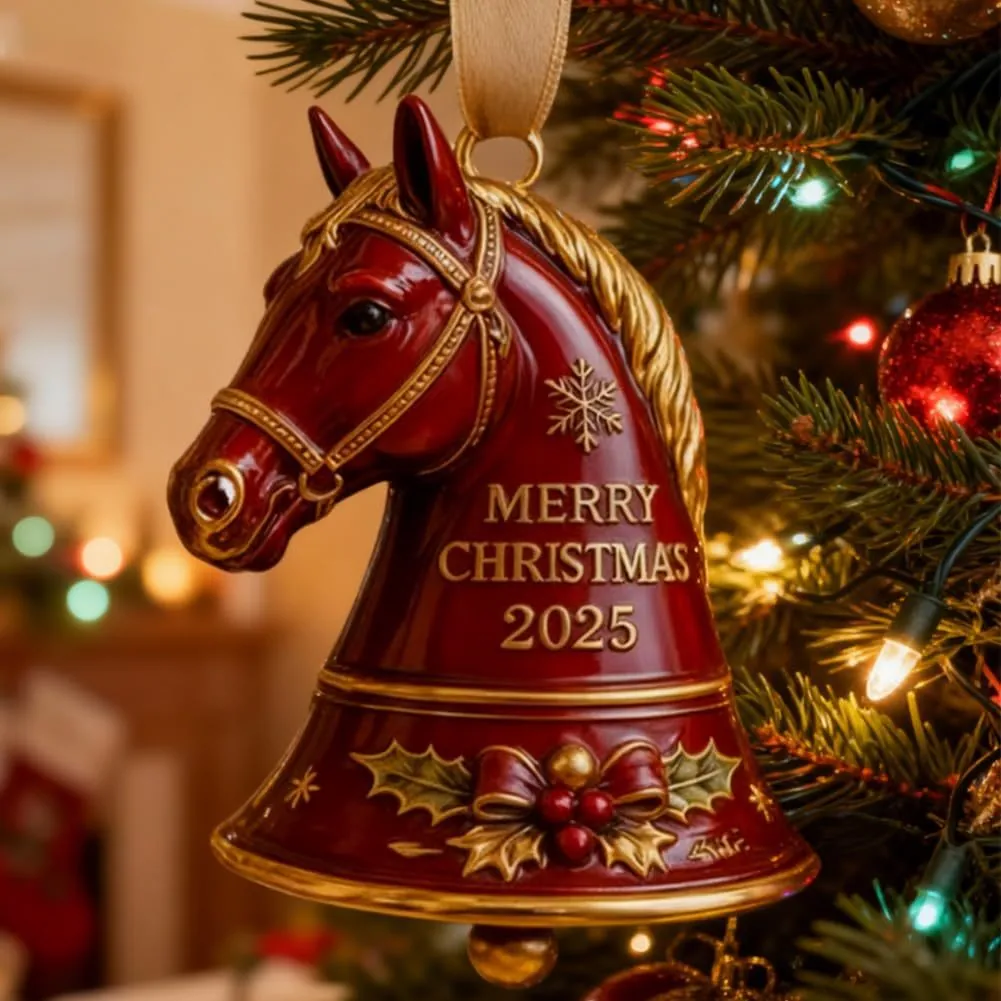 Ornamento di Natale a Forma di Testa di Cavallo Retrò Con Nastro d'Oro Merry Christmas 2025 Decorazione in Resina per Albero di Natale Casa