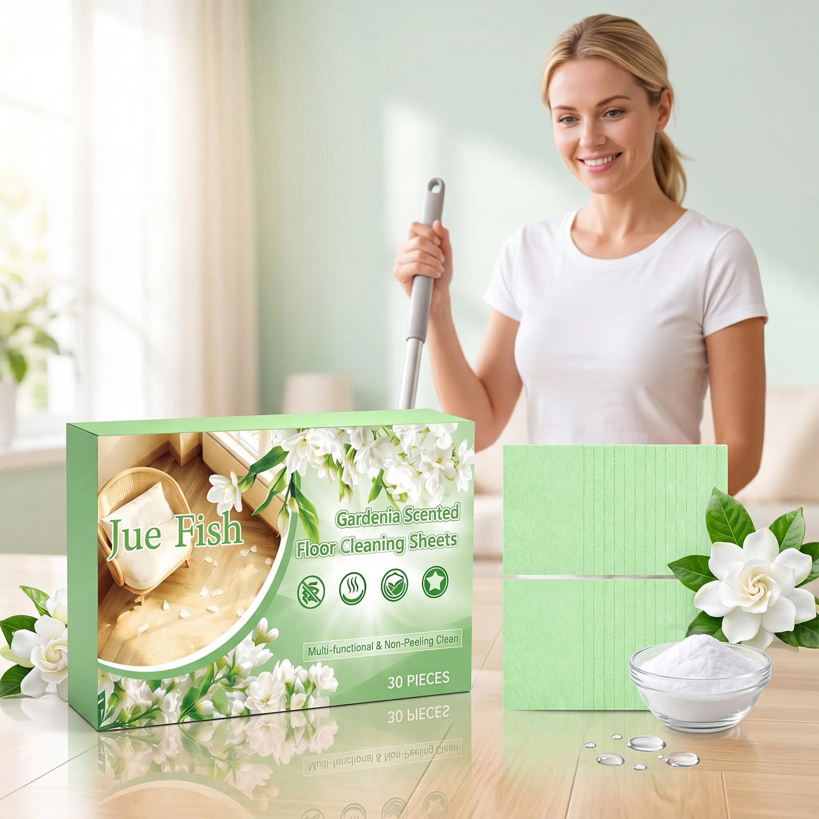Jue Fish Feuilles de Nettoyage de Sol Parfum Gardénia Détergent Multi Surface pour Bois Carrelage Marbre Détachant Tablette