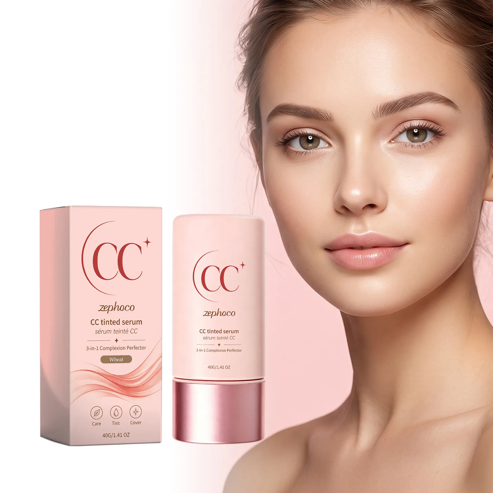 Zephoco 3-In-1 CC Tinted Serum Wheat Shade Moisturizing Concealer Makeup Primer Care Tint Cover Face Makeup