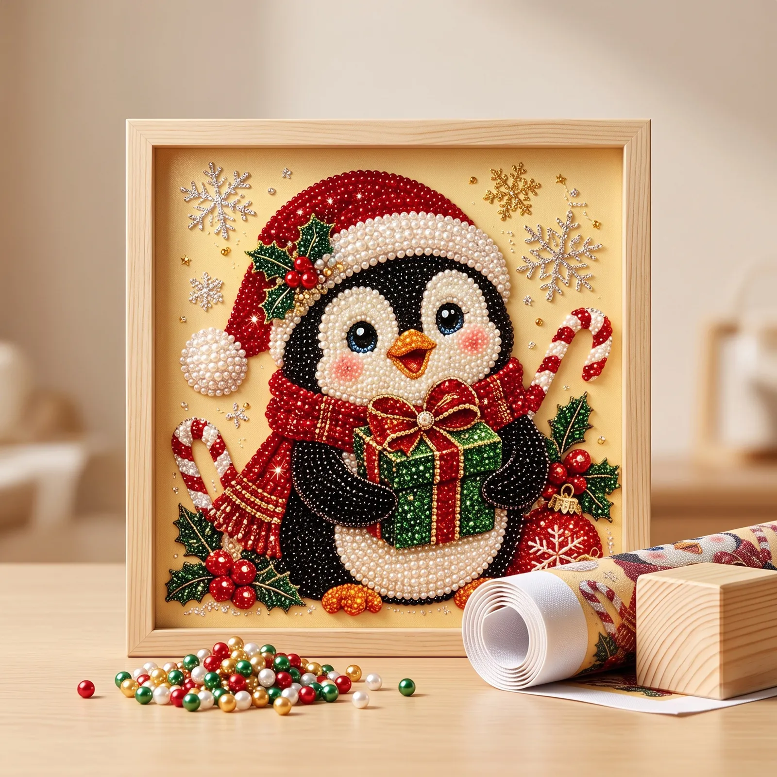 DIY Christmas Artificial Pearl Diamond Painting Art Kit with Wooden Frame Cartoon Reindeer Santa Claus Home Wall Decor Gift