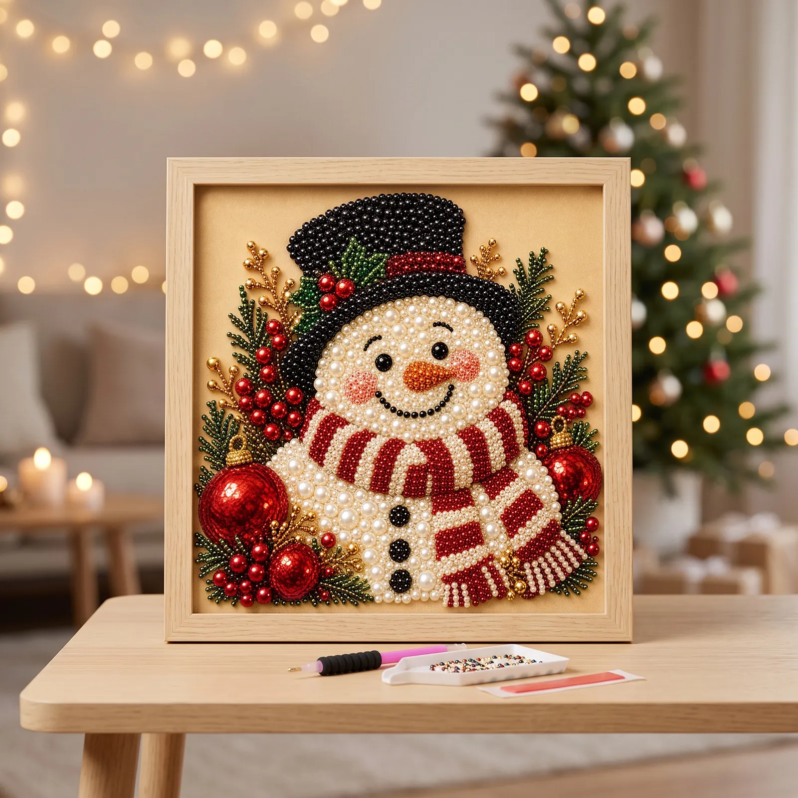 Kit de Pintura de Diamantes de Navidad DIY Muñeco de Nieve Regordete Marco de Madera Adorno de Strass 3D Artesanía Hogar