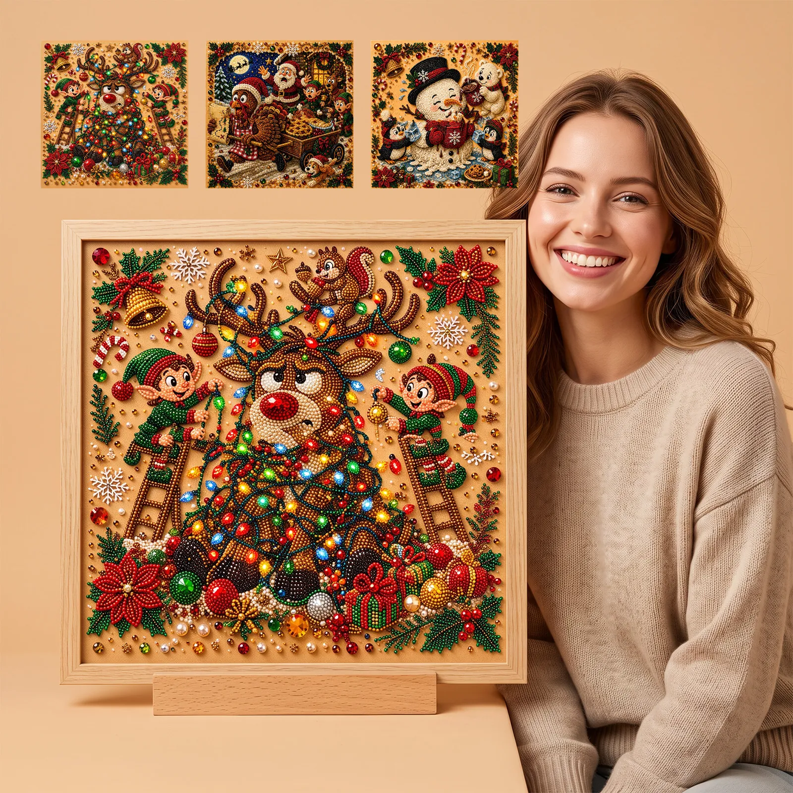 Christmas DIY Pearl Art Painting Kit Cartoon Reindeer Santa Snowman Craft Kit With Wood Frame Holiday Home Decor Desktop Ornament