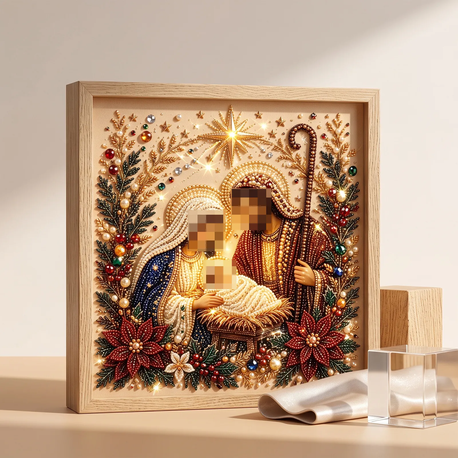 Nativity Scene Pearl Diamond Painting Kit Wood Frame DIY 5D Rhinestone Art Mosaic Religious Christmas Home Decor Gift