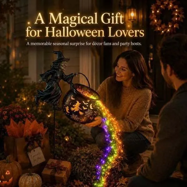 Lampe sur Piquet Jardin Chaudron de Sorcière Halloween Silhouette Métallique avec Guirlande Lumineuse LED Colorée