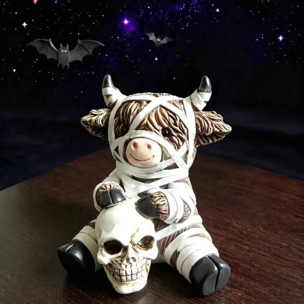 Statuetta di Mucca delle Highlands di Halloween Statua di Mummia Mietitore Fantasma in Resina Ornamento Decorativo Feste