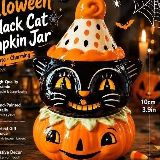 Halloween Black Cat Pumpkin Ceramic Ornament Hand-Painted Vintage Birthday Desktop Tabletop Decoration For Home Party Gift