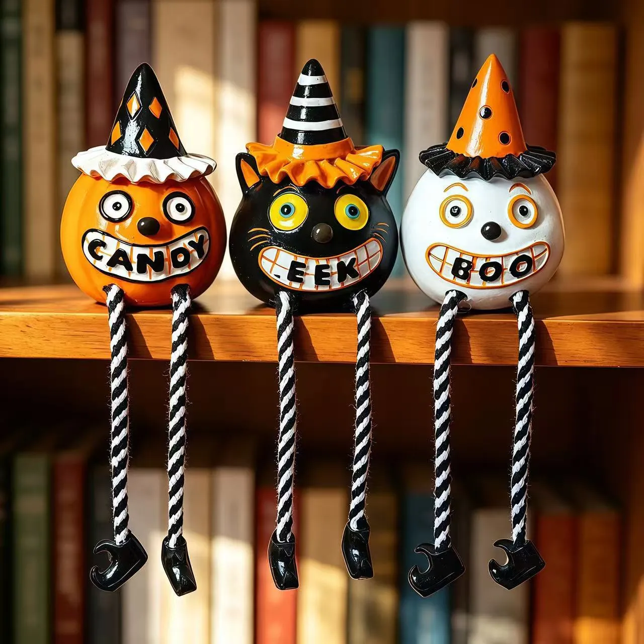 Halloween Resin Hanging Leg Ornaments Black Cat Pumpkin Ghost With Witch Hat Hand Painted Resin Figurines Home Decor Gift